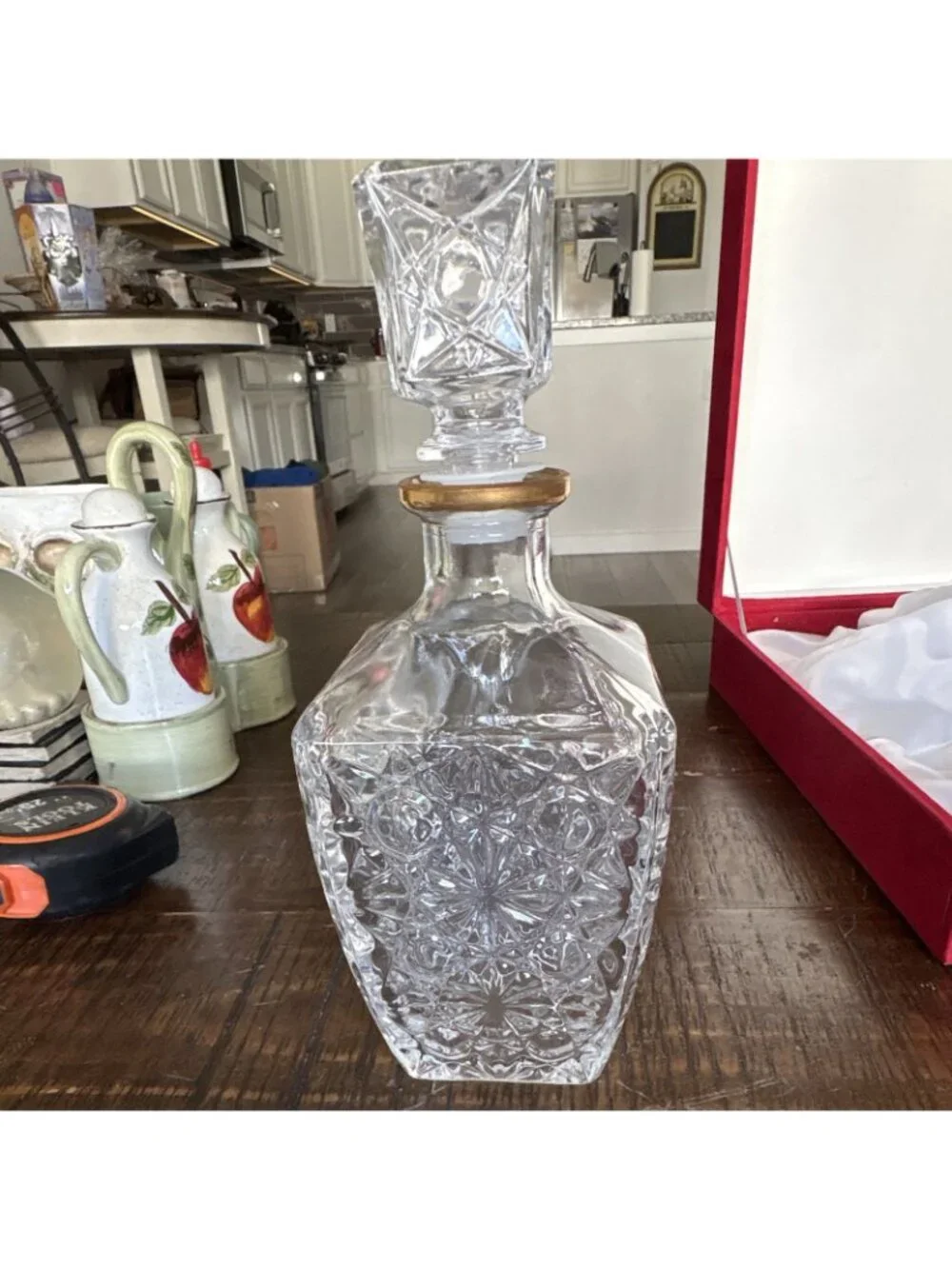 C.F. Design i Preziosi Crystal Decanter Set 6 Glasses Gold Rim Stopper Box-ITALY